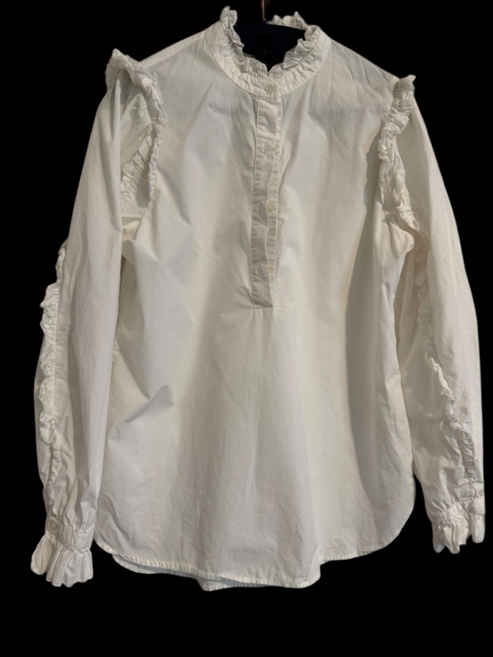 J. Crew White Ruffle Half-Way Button-Down Blouse